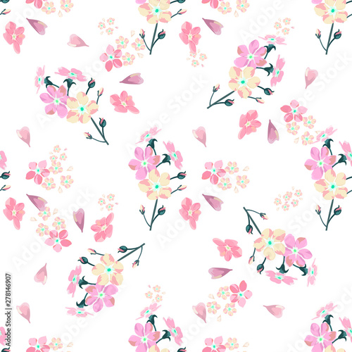 gentle little flowers and petals flying aside the botanical pattern of small colored wildflowers