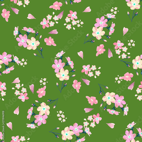gentle little flowers and petals flying aside the botanical pattern of small colored wildflowers