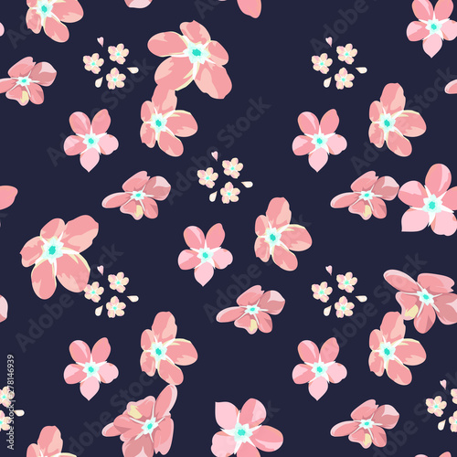 gentle little flowers and petals flying aside the botanical pattern of small colored wildflowers