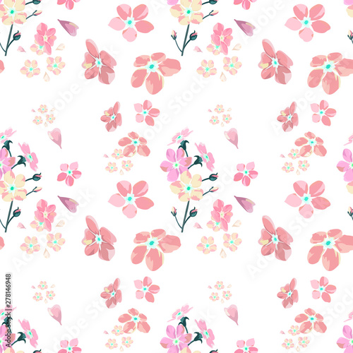 gentle little flowers and petals flying aside the botanical pattern of small colored wildflowers