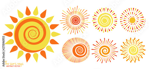 Sun of vector set. Yellow sun icon set isolated on white background. Modern flat illustration sunlight, sun rays, sign. Simple geometric shapes. Trendy vector summer symbol for website design.