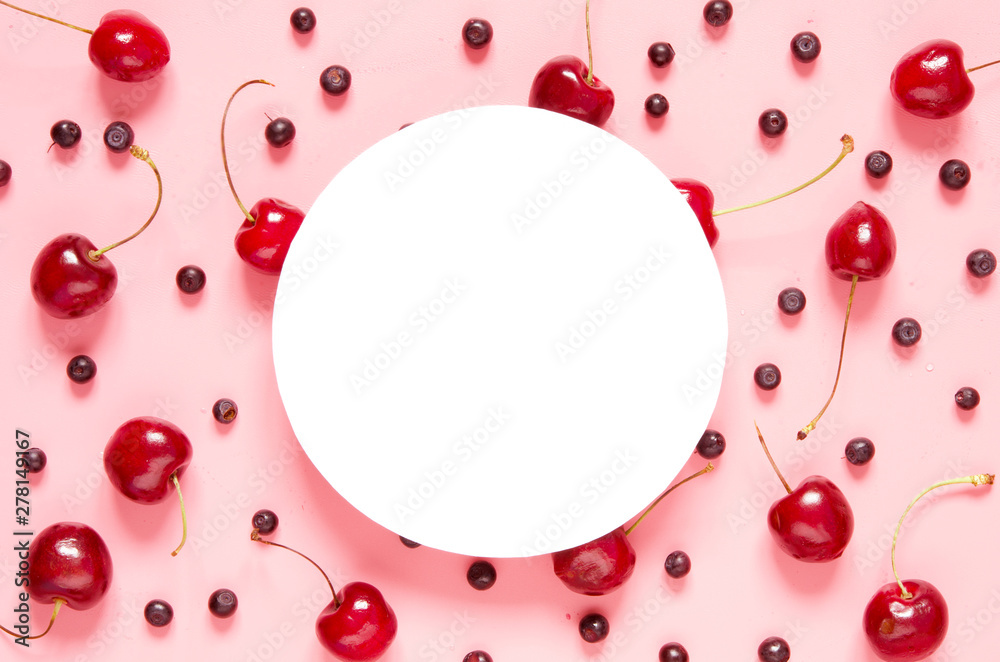 Creative layout of cherry and blueberry with space for text on white paper. Mockup. View from above. - Image Creative layout of cherry and blueberry with space for text on white paper. Mockup. View from above. - Image