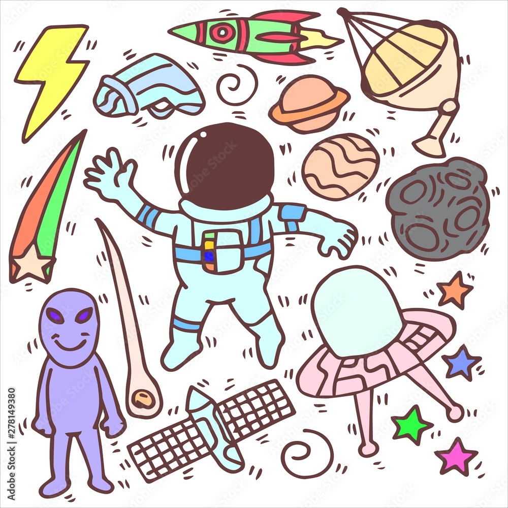Set of cute astronaut, doodle, simple, cartoon