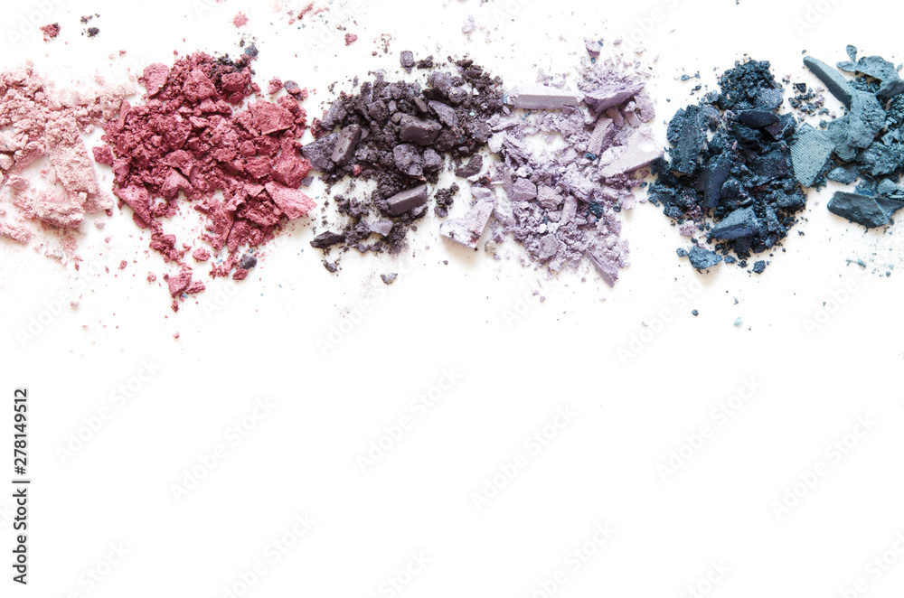 Crushed eyeshadow makeup set isolated on white background. The concept of fashion and beauty industry. Copy Space. - Image