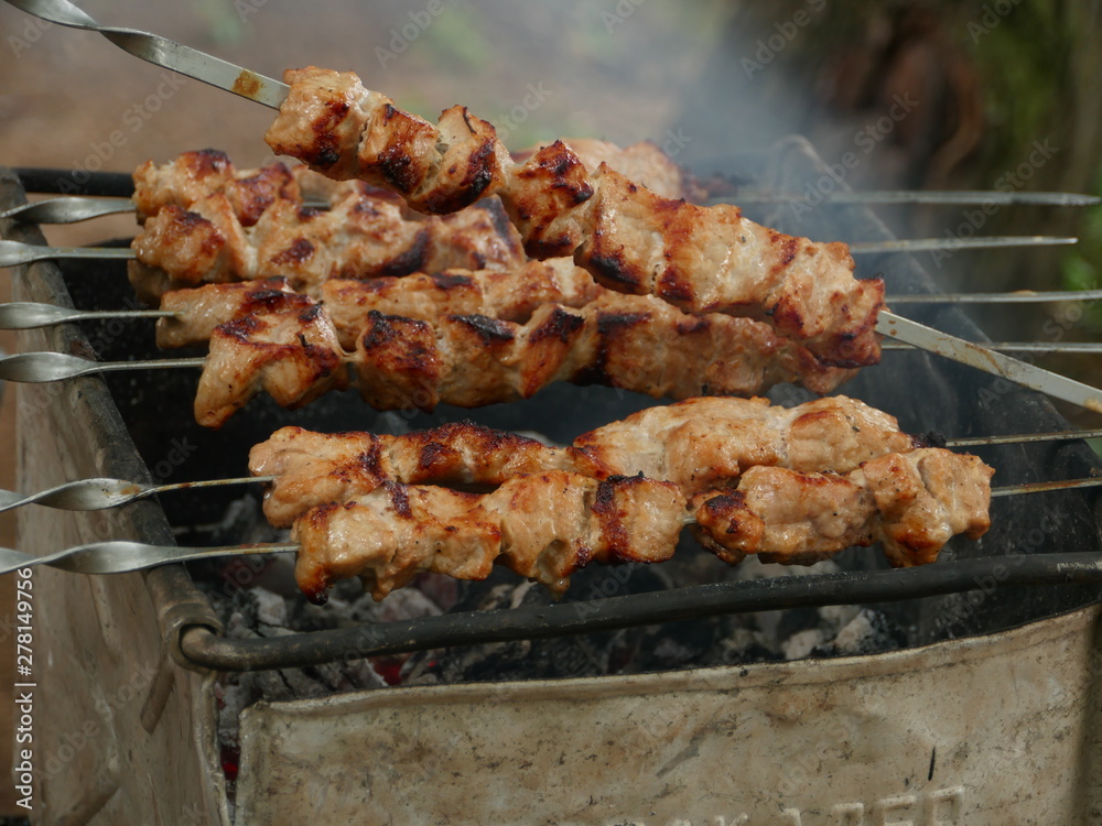 cooking meat on skewers over hot coals close to