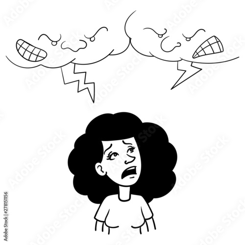 a woman who looks scared into the clouds, because it flashes and thunders. scribble, outline, comic, ink, sketch, doodle, vector, illustration, line, cartoon, black, white, drawing, stroke.
