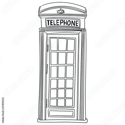 Hand drawn vector illustration of an old London telephone box from the front. scribble, outline, comic, ink, sketch, doodle, vector, illustration, line, cartoon, black, white, drawing, stroke,
