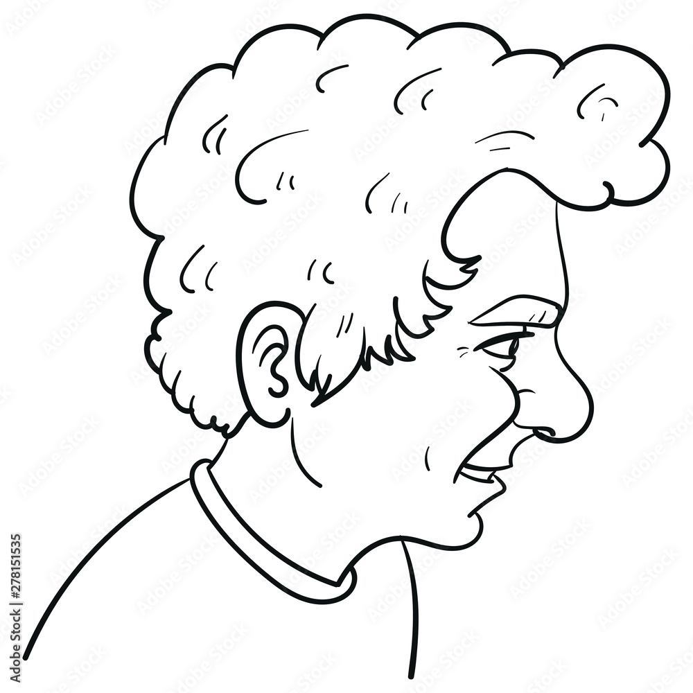 Hand-drawn vector illustration of a boy from the side with curly hair and  big nose. Face, portrait, page, scribble, outline, comic, ink, sketch,  doodle, vector, illustration, line, cartoon, black Stock Vector |