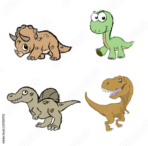 Hand made illustration of four dinosaurs for children.Triceratops brontosaurus  spinosaurus and tyrannosaurus rex