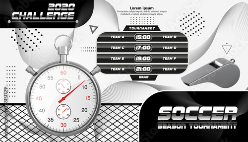 Soccer poster or flyer design. Football ball flyer concept. Design for sport bar ticket sale sport promotion. Tournament, championship design. Vector soccer sport club, flyer with scoreboard
