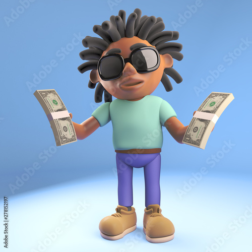 Valokuva Cartoon black Afro Caribbean man with dreadlocks holding wads of cash US dollars