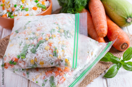 Frozen mixed vegetables in freezer bag photo