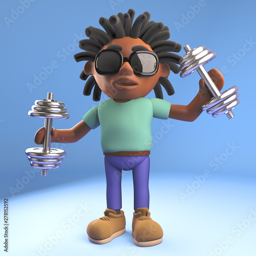 Healthy black Afro Caribbean man with dreadlocks stays healthy lifting weights, 3d illustration