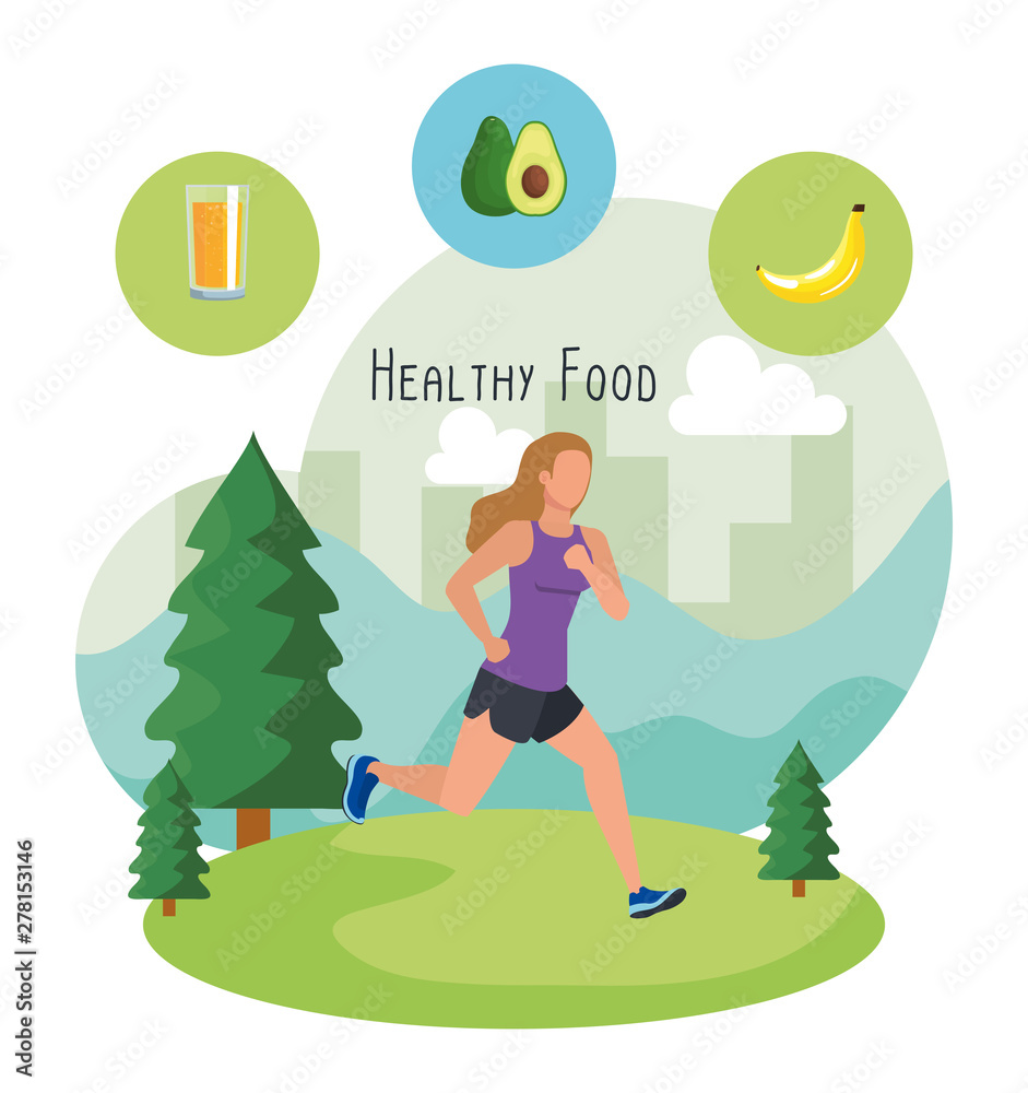 woman running sport with fruits and juice woman running sport with fruits and juice