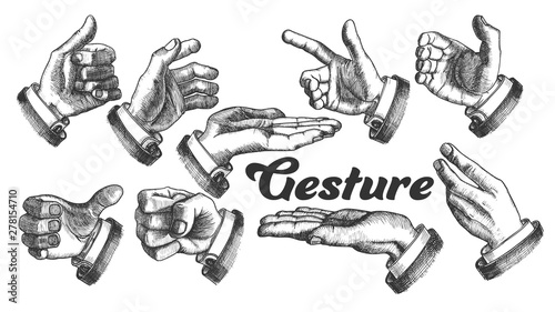 Collection of Different Gesture Set Vintage Vector. Man Hand Gesture Looks Like Holding Water Glass or Bottle, Cigarette Or Balloon, Gun Or Stick. Opening Door Or Show Pointing Monochrome Illustration