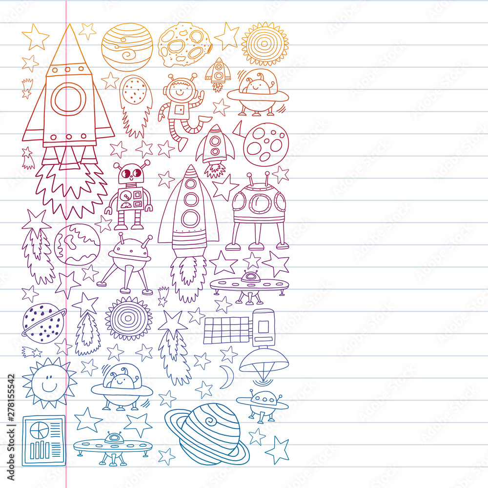Vector set of space elements icons in doodle style. Painted, colorful, pictures on a piece of paper on white background. Drawing on exercise notebook in colorful gradient style. Vector set of space elements icons in doodle style. Painted, colorful, pictures on a piece of paper on white background. Drawing on exercise notebook in colorful gradient style.