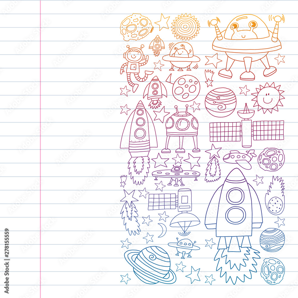 Vector set of space elements icons in doodle style. Painted, colorful, pictures on a piece of paper on white background. Drawing on exercise notebook in colorful gradient style.