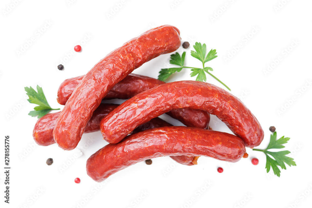 Smoked sausages with spice and parsley.isolated on white background Smoked sausages with spice and parsley.isolated on white background