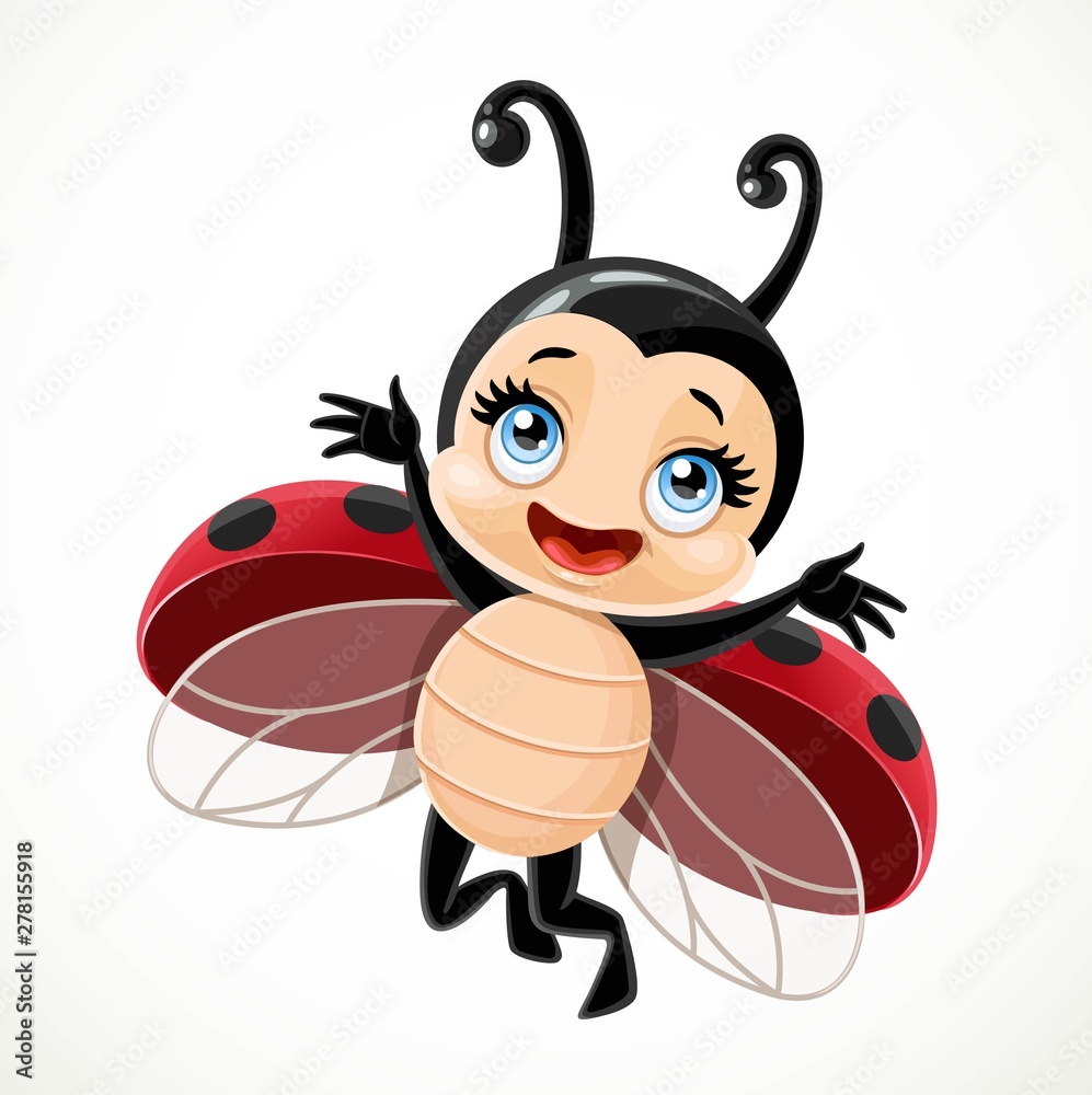 Cute cartoon little ladybug flying on a white background - obrazy, fototapety, plakaty 