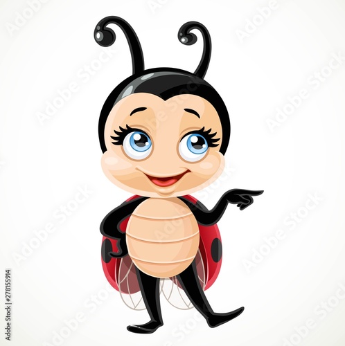Cute cartoon little ladybug pointed aside and stand on a white background