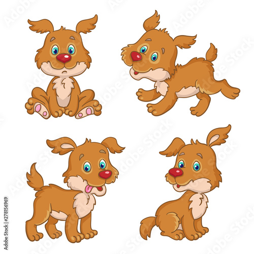 Set of four little funny puppies in different poses. In cartoon style. Isolated on white background.