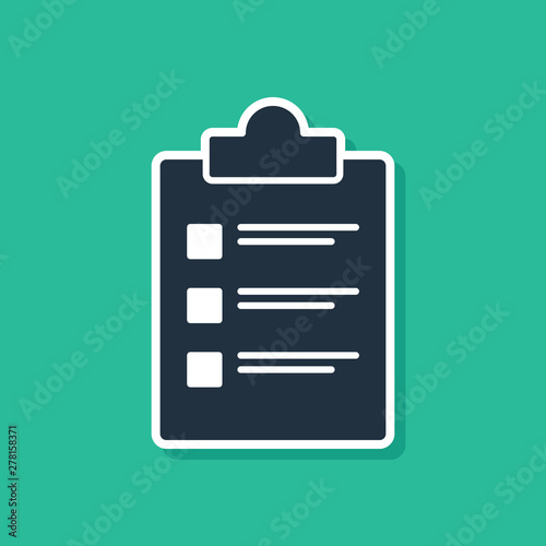 Blue Clipboard with checklist icon isolated on green background. Control list symbol. Survey poll or questionnaire feedback form. Vector Illustration