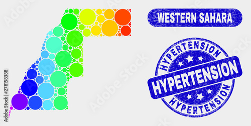 Rainbow colored dotted Western Sahara map and stamps. Blue round Hypertension grunge stamp. Gradiented rainbow colored Western Sahara map mosaic of random round elements.