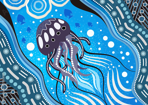 Aboriginal dot art vector background depicting jellyfish