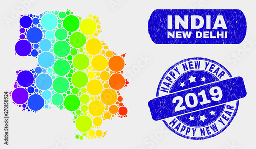 Rainbow colored dotted New Delhi City map and watermarks. Blue rounded Happy New Year 2019 textured seal. Gradiented rainbow colored New Delhi City map mosaic of randomized small spheres.