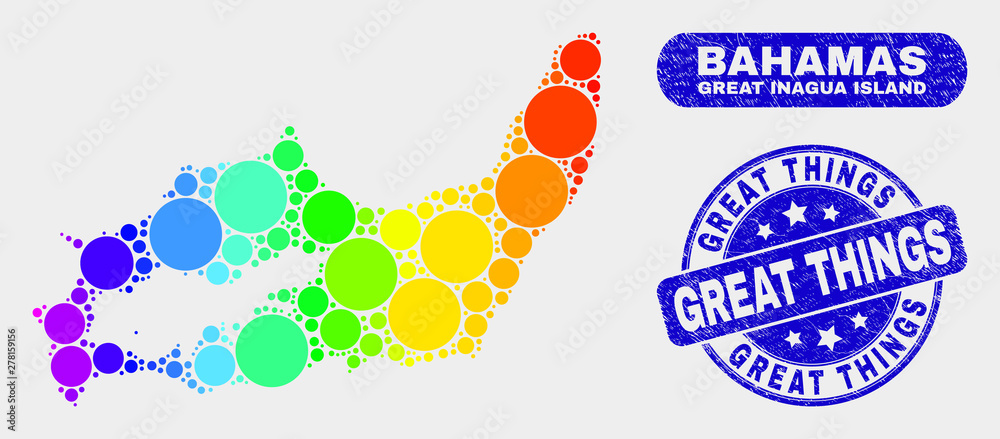 Rainbow colored dot Great Inagua Island map and seals. Blue round Great Things scratched stamp. Gradiented spectral Great Inagua Island map mosaic of scattered round dots. Rainbow colored dot Great Inagua Island map and seals. Blue round Great Things scratched stamp. Gradiented spectral Great Inagua Island map mosaic of scattered round dots.