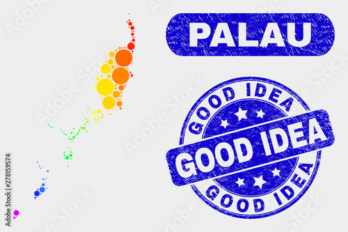 Rainbow colored dot Palau map and rubber prints. Blue round Good Idea grunge seal. Gradiented rainbow colored Palau map mosaic of random round elements. Good Idea seal stamp with distress surface.