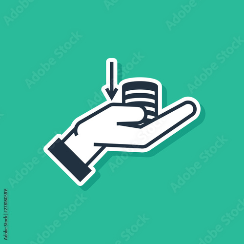Blue Money on hand icon isolated on green background. Palm holds cash with down. Cash salary decrease. Vector Illustration
