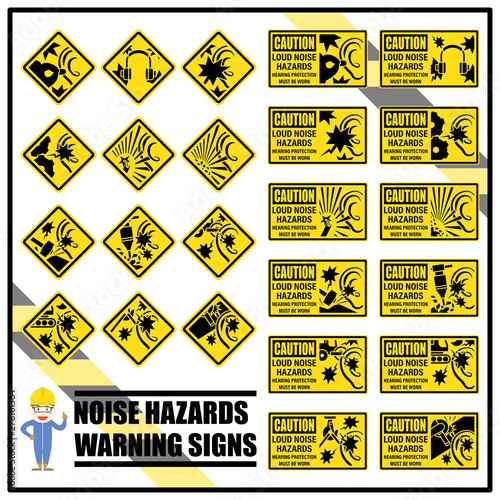 Set of hearing safety signs and symbols for warning and remind workers while work in noisy working environment. Loud noise hazards caution signs.