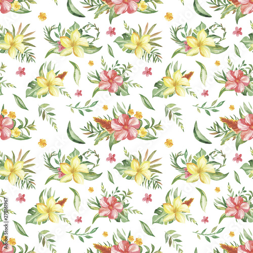 Watercolor seamless pattern with bouquets of tropical flowers, leaves and plants. Texture for wallpaper, packaging, fabric, wedding design, prints, textiles, scrapbooking, birthday, cover design.