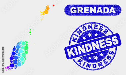 Spectral dot Grenada map and rubber prints. Blue round Kindness textured stamp. Gradient spectral Grenada map mosaic of randomized round elements. Kindness seal stamp with rubber texture.