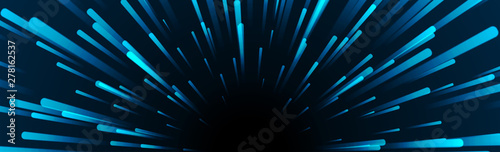 Dark blue star track of cosmic explosion abstract background. Sci-fi banner design with neon space starburst. Vector galaxy illustration
