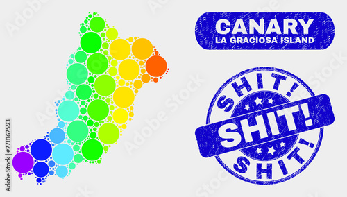 Spectral dot La Graciosa Island map and rubber prints. Blue rounded Shit! scratched seal stamp. Gradiented spectral La Graciosa Island map mosaic of randomized small spheres.
