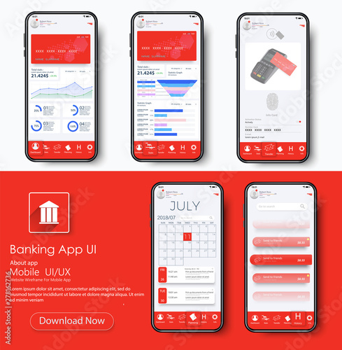 Banking App UI Kit for responsive mobile app or website with different GUI layout including  home page, payment information, ratings and statistics. Online payment.  Vector flat stock