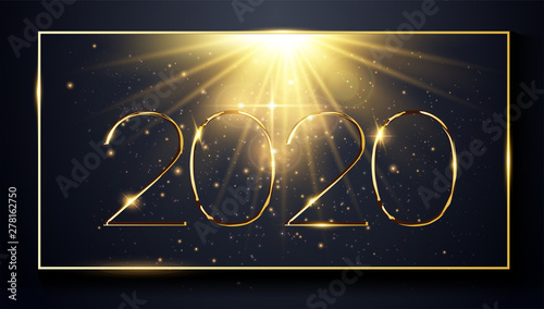 NYE (New Year Eve) 2020. Happy New Year 2020 winter holiday greeting card design template. Party poster, banner or invitation gold glittering stars falling snowflakes glitter decoration. xmas, vector