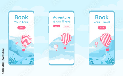 Mobile app template with hot air balloon vector illustration set. Travel online booking service, adventure book app concept at mobile phone screen with red hot air balloon on blue mountain landscape