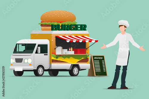 Food truck, automobile hamburger, ready to serve grilled meat and drinks in the outdoor atmosphere as a small business, starting for the modern chef.
