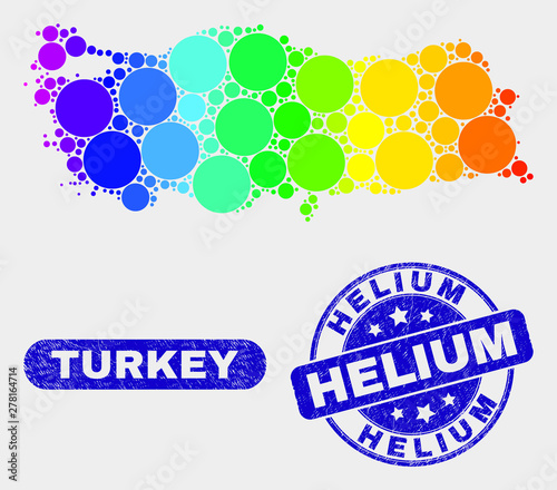 Rainbow colored dotted Turkey map and seals. Blue round Helium textured seal stamp. Gradient rainbow colored Turkey map mosaic of randomized circle. Helium seal stamp with rubber texture.