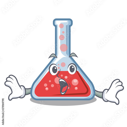 Surprised erlenmeyer flask above wooden cartoon table