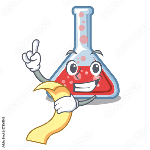 With menu erlenmeyer flask above wooden cartoon table