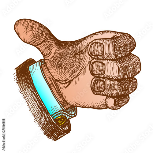 Man Hand Gesture Thumb Finger Up Doodle Vector. Male Showing Gesture Sign Like Holding Glass Or Metallic Bottle Cold Drink Beer Beverage. Forefinger Middle Annulary And Pinkie Color Illustration photo