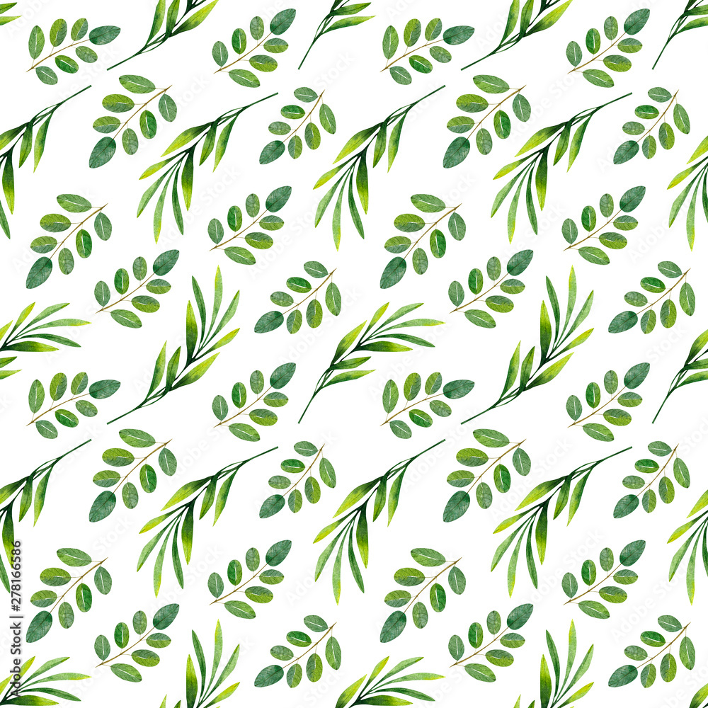 Watercolor pattern of leaves. Hand-drawn seamless texture. Green decorative elements for summer design. Isolated objects on white background. Watercolor pattern of leaves. Hand-drawn seamless texture. Green decorative elements for summer design. Isolated objects on white background.