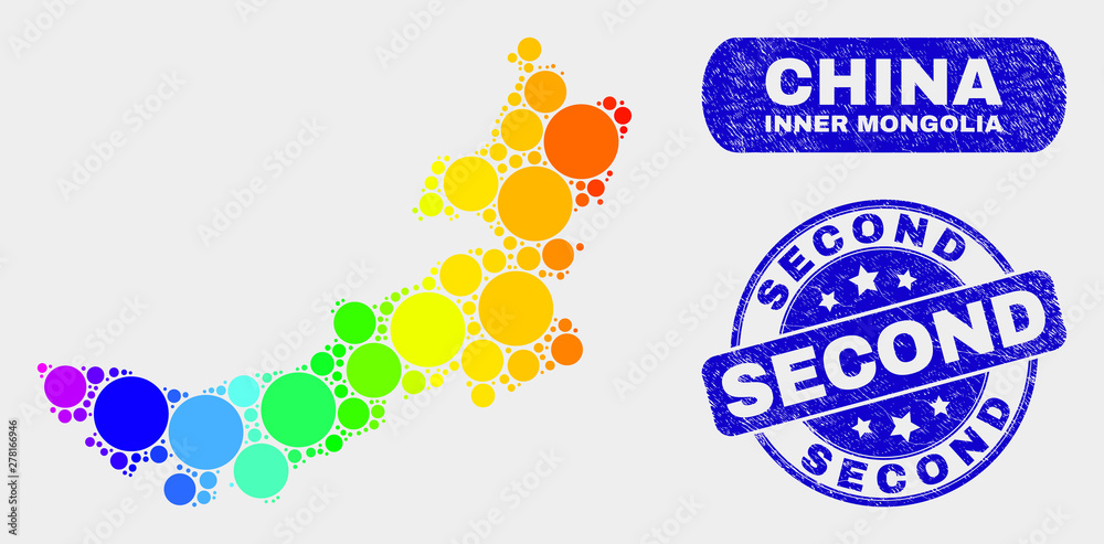 Spectral dot Inner Mongolia map and watermarks. Blue rounded Second textured seal stamp. Gradient spectral Inner Mongolia map mosaic of scattered spheric dots. Second seal stamp with grunge surface. Spectral dot Inner Mongolia map and watermarks. Blue rounded Second textured seal stamp. Gradient spectral Inner Mongolia map mosaic of scattered spheric dots. Second seal stamp with grunge surface.