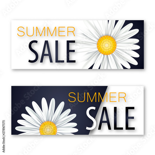 Set of summer sale banners with realistic flowers. Vector illustration
