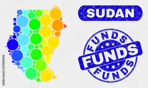 Spectrum dot Sudan map and seal stamps. Blue rounded Funds grunge watermark. Gradient spectral Sudan map mosaic of scattered small spheres. Funds seal stamp with grunge texture.