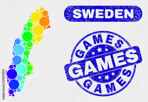 Spectral dotted Sweden map and rubber prints. Blue round Games textured stamp. Gradient spectral Sweden map mosaic of scattered small spheres. Games seal stamp with scratched texture.